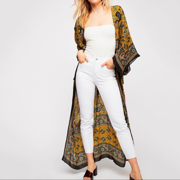 Free People Eternal Flame Paisley Maxi Kimono Black Yellow - Picture 2 of 8